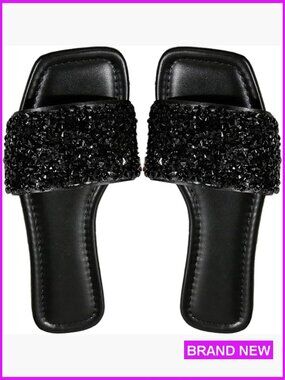 Sparkly Dressy Flat Sandals Square Open Toe Pearls Beaded Slide Shoes Women
